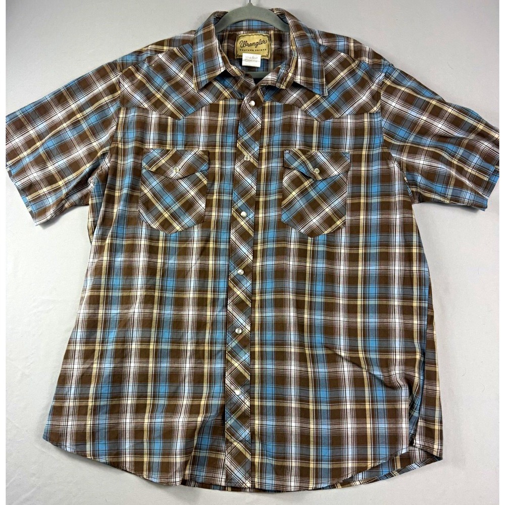 y2k Wrangler plaid western ss button up shirt w/ pockets, men's xl